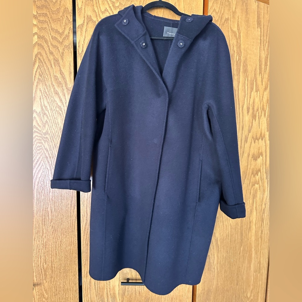 Theory Navy Hooded Wool Cashmere Coat